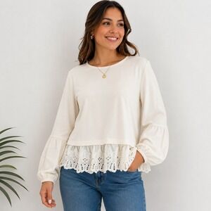 Cupio Blush Buttercream Eyelet Lace Hem Balloon Sleeve Top C87P2702W Medium NEW